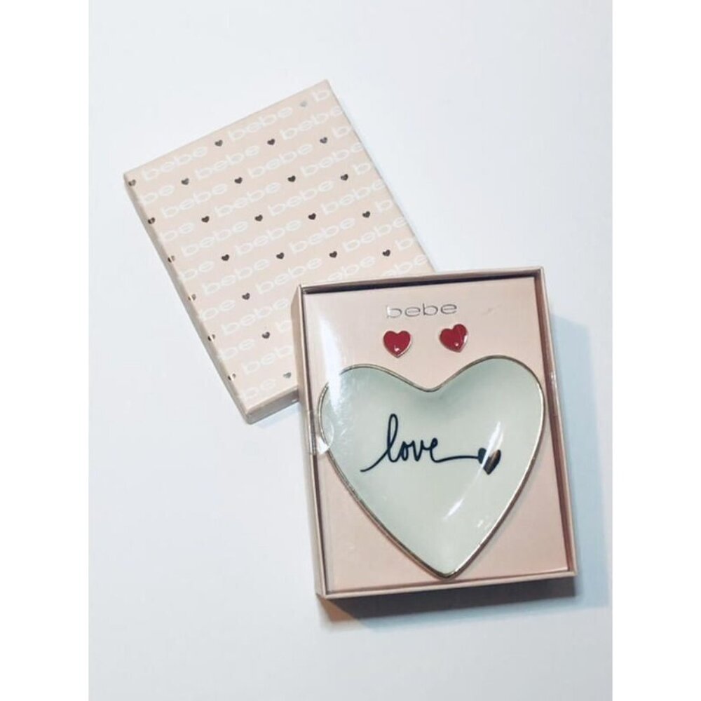 Bebe Heart-Shaped Ceramic Dish & Red Heart Earrings Gift Set With Box